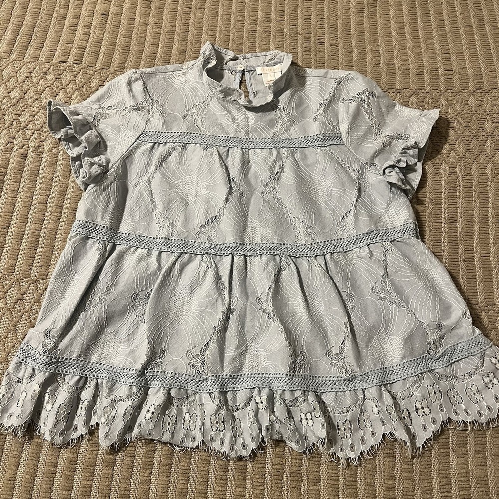 Foxiedox Women L Blue Floral Lace Babydoll Top Fairy Romantic Feminine Romantic